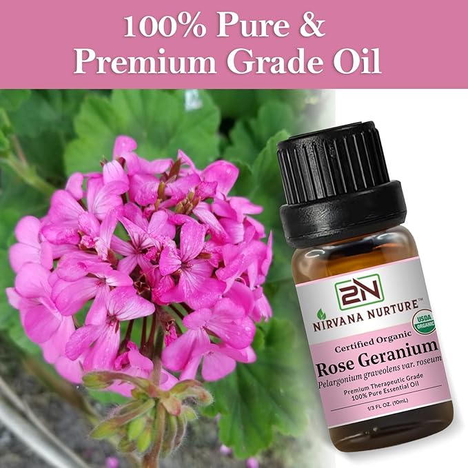 Rose Geranium Essential Oil USDA Certified Organic, 100% Pure Natural Premium Grade, Undiluted