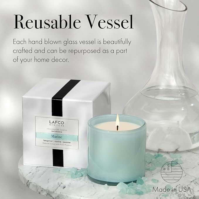 LAFCO New York Signature Candle, Marine - 15.5 oz, 2 Pack - 90-Hour Burn Time - Reusable, Hand Blown Glass Vessel - Made in The USA