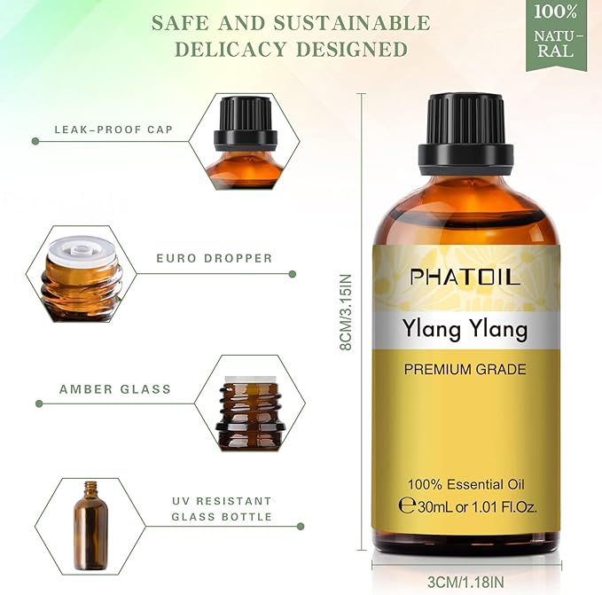 Ylang Ylang Essential Oil 1.01fl.oz/30ml, PHATOIL Premium Ylang Ylang Oils Long Lasting Scents for Aromatherapy, Diffuser, DIY Soap and Candle Making