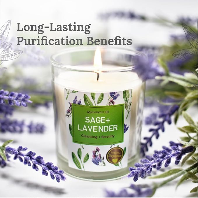 Magnificent 101 Soy Candle Set of 3 Pure Sage & Lavender - 3.5 oz Glass Jars, 42-Hour Burn - Natural Aromatherapy Candles for Energy Cleansing & Meditation Accessories