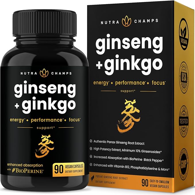 NutraChamps Korean Red Panax Ginseng Capsules | Extra Strength Ginsenosides for Energy, Focus, Performance, Vitality & Immune Support | Korean Red Ginseng Root Extract (90, Premium Gold)