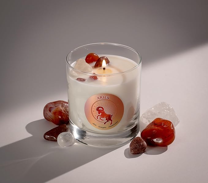 Luxury Glass Jar Candle, Aries Zodiac Sign, 8.8 oz - Crystal Infused - Scents of Citrus, Basil, Mint, & Agave - Made in USA, Hand Poured, Coconut-Soy Wax, Essential Oils, Dr. Developed