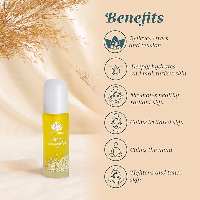 Shankara Calming Body Oil for Women and Men with Avocado, Sesame, Almond, Jasmine, Vetiver, and Borage – Perfect Moisturizing Body Oil for Relaxing Mind and Body. (30ml/1 bottle)