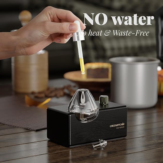 Black Obsidian Waterless Essential Oil Diffuser with Real Wood Base for Aromatherapy, Modern Smoky Glass Oil Diffuser, Cordless Portable Scent Diffuser Machine for Office Men Large Room, 2026 Model