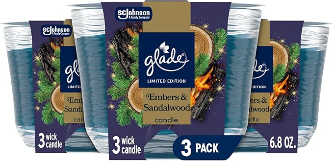 Glade 3-Wick Scented Candle Jar, Embers & Sandalwood, Air Freshener Infused with Essential Oils, 6.8 Oz, 3 Count