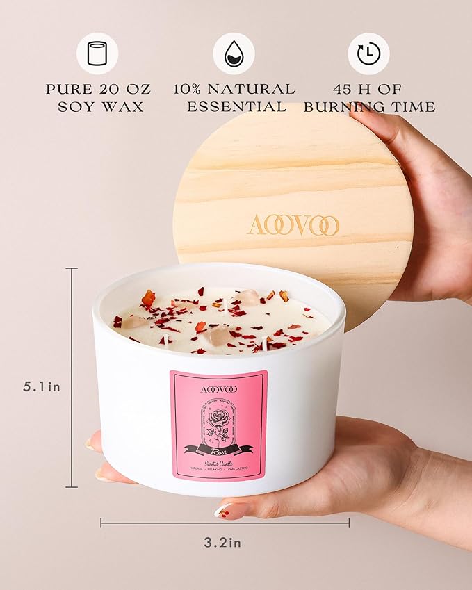 AOOVOO Rose Scented Candles for Women - 20oz 3 Wick Soy Candles for Home Scented, Aromatherapy Candle with Crystals Inside, Birthday Gifts Christmas Candle for Women Mom