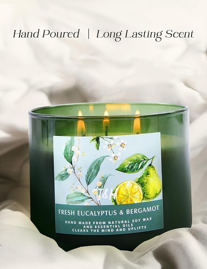 Eucalyptus & Bergamot 3-Wick Soy Scented Candle, 15.8 oz Large | Spa Fresh Scented Candle for Home | Aromatherapy Eucalyptus Candle | Housewarming Gift