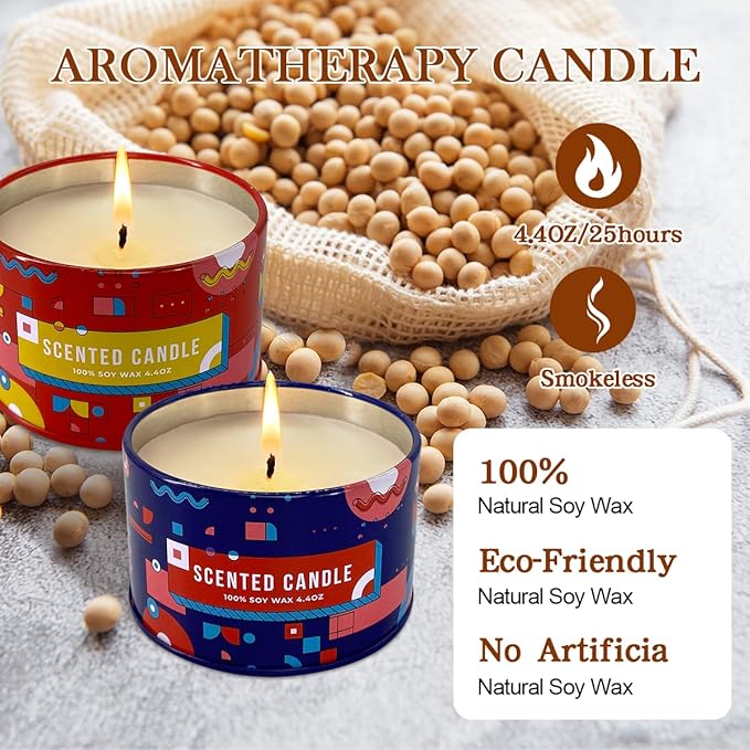 4 Pack Home Scented Candles - Strong Lavender, Apple, Red Cherries & Daisy Candle, 4.4 Oz, 100% Soy, Non-Toxic, Small Candle Set for Aromatherapy & Gifts