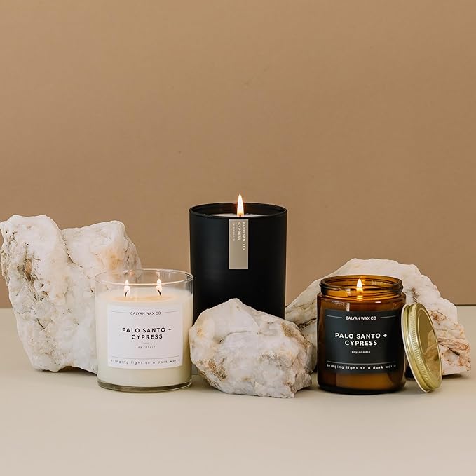Calyan Wax Co. Palo Santo & Cypress 2 Wick Scented Candle - 37 Hour Burn - Luxury Non Toxic Soy Wax Candles - Long Lasting Large Glass Jar Candle for Home - 8.8oz