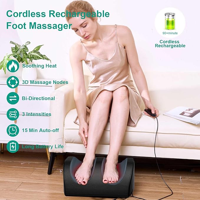 Rechargeable Foot Massager with Heat, Cordless Shiatsu Foot Massager for Cord Remote Control, Heated Massage with Roller, Portable for Home/Office Use, Dad Gifts, Mom Gifts