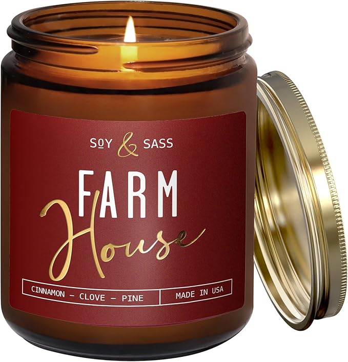 Fall Candles - 'Farmhouse' Autumn Scented Soy Candles for Home, w/Cinnamon, Clove & Pine I Infused with Essential Oils I Farmhouse Décor, 9oz Reusable Jar, 50Hr Burn, Made in USA