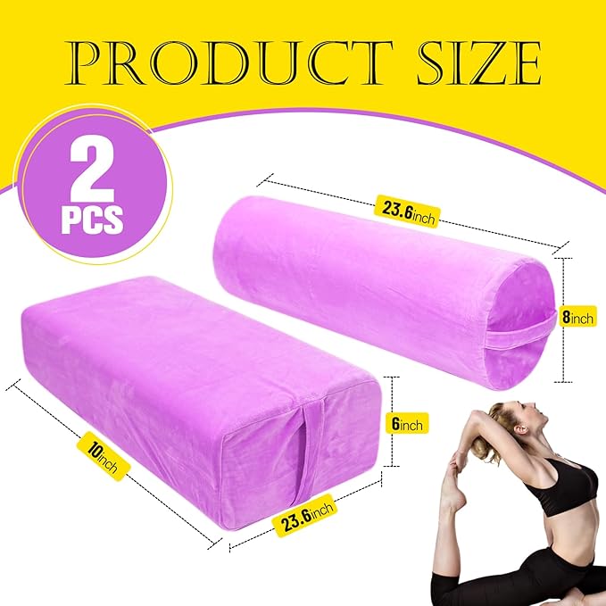 JZHLLA 2 PCS Yoga Bolster Pillow for Restorative Yoga, High Density Foam Meditation Bolster with Washable Velvet Cover and Carry Handle Meditation Pillow Set with Round and Rectangular