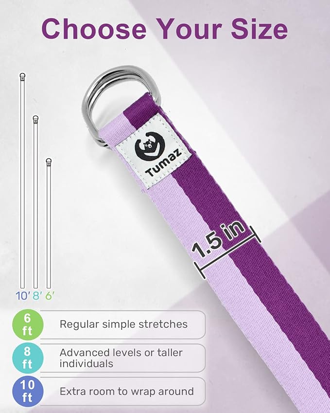 Tumaz Yoga Strap/Stretch Bands [15+ Colors, 6/8/10 Feet Options] with Extra Safe Adjustable D-Ring Buckle, Durable and Comfy Delicate Texture - Best for Daily Stretching, Physical Therapy, Fitness