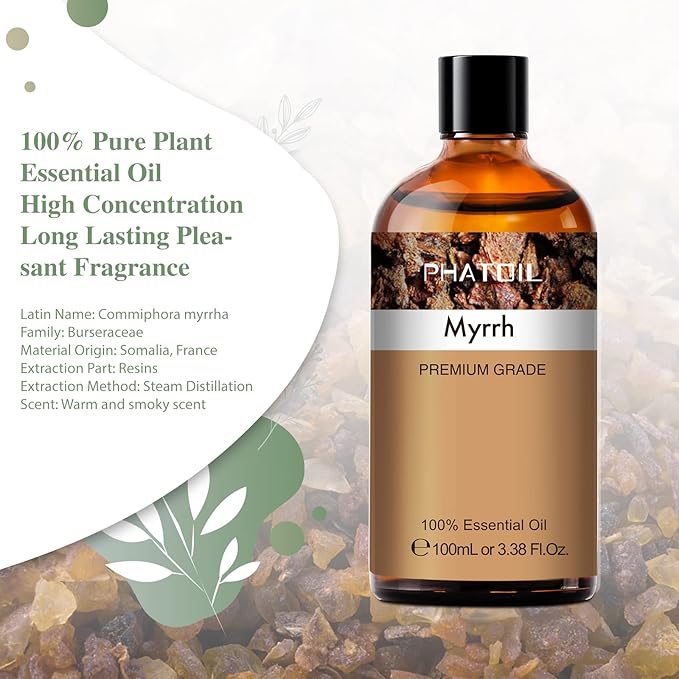 Myrrh 3.38fl.oz Essential Oil, PHATOIL Pure Aromatherapy Oils for Diffuser, Humidifier, Perfect for DIY Soap, Candle, Bath Bombs Making(100ml)
