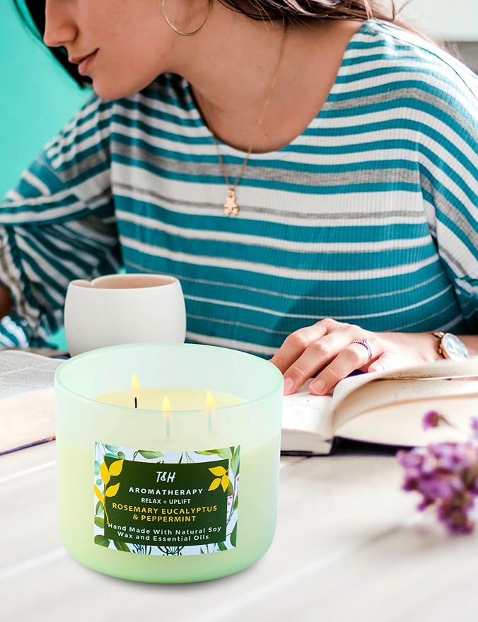 Rosemary Eucalyptus Peppermint 3-Wick Soy Candle 15.8 oz | Large Stress Relief Eucalyptus Candle for Home | Aromatherapy Relaxation Candles for Men & Women | Highly Scented, Long-Lasting Clean Burn