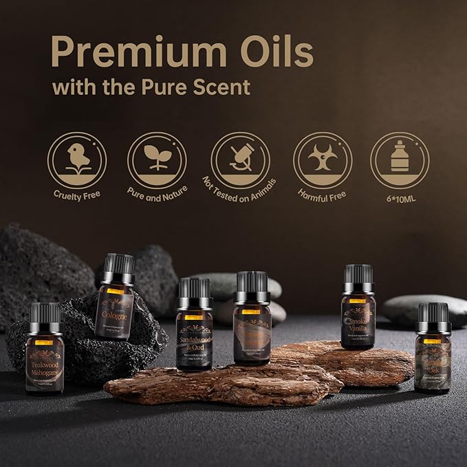 Men Essential Oils Set for Diffuser, Valentine's Day Gift for Men - 6x10ml Masculine Fragrance Oils for Candle Making, Scented Oil Gift Set, Mahogany, Sandalwood, Cologne, Smoke Vanilla, Oak, Leather