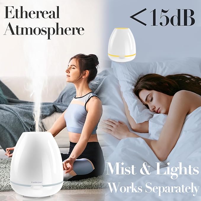 300ml Essential Oil Diffuser & Cool Mist Humidifier - Ultra-Quiet Ultrasonic Aromatherapy for Bedroom, 7 Color Night Light, BPA-Free, Auto Shut-Off, Up to 12H Continuous Mist(White)