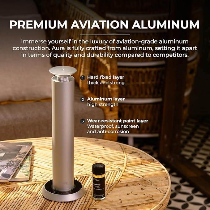 Aura Waterless Fragrance Oil Diffuser, Cold Air Scent Machine for Home Spa & Office, Cordless Rechargeable Aromatherapy Diffuser for Large Rooms up to 1000 Sq Ft, Aviation Aluminum (Silver)