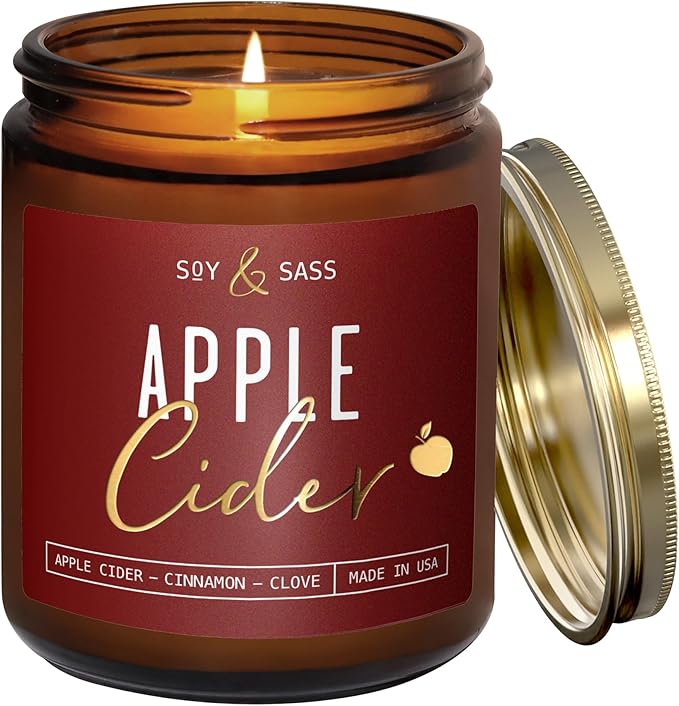 Apple Cider Candle, Fall Candles I Apple Cider, Cinnamon & Nutmeg - Infused with Essential Oils I Mulled Cider Fall Scented Candle (Soy) for Home I 9oz Reusable Jar I 50Hr Burn I Made in USA