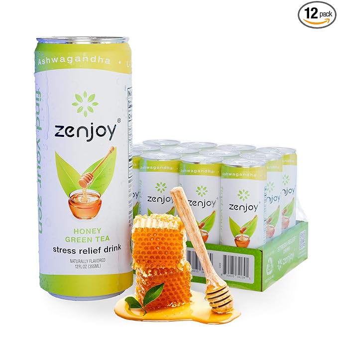Stress Relief Drink, Calming Green Tea, Non Alcoholic, Ashwagandha & Lemon Balm for Stress Relief, L - Theanine for Focus (12 Pack) (Honey)