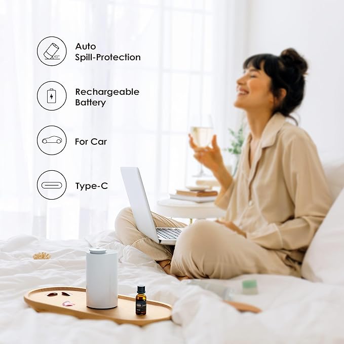 Airversa Waterless Essential Oil Diffuser Starter Kit with 4 x 10mL Fragrance Scent Oil, Battery Operated Mini Scent Air Machine Portable Diffuser for Home Car Office, AN6 White Kit01