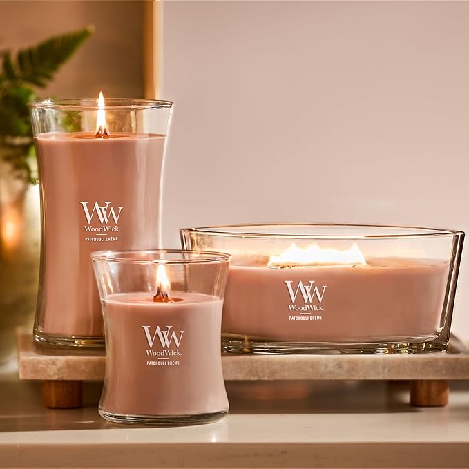 WoodWick Patchouli Crème Gifts for Women and Men, 16 oz Ellipse Candle with Crackling Wick