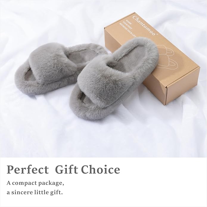 Chantomoo Women's Blue Memory Foam Faux Fur Lined Open Toe Slippers for Women - US 12