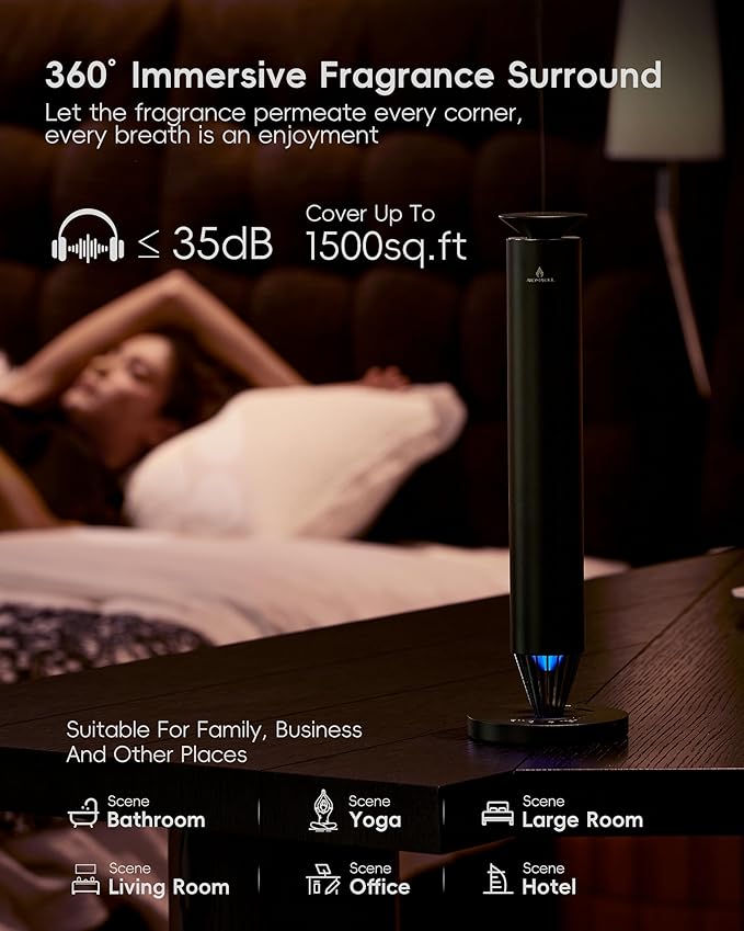 Waterless Scent Diffuser Starter Kit - 1500 Sq Ft Coverage, Alloy Atomization System,Mood Light,Smart Rechargeable Hotel Scent Diffuser, Including 120ml Essential Oil, for Home,Large Room,Spa,Black