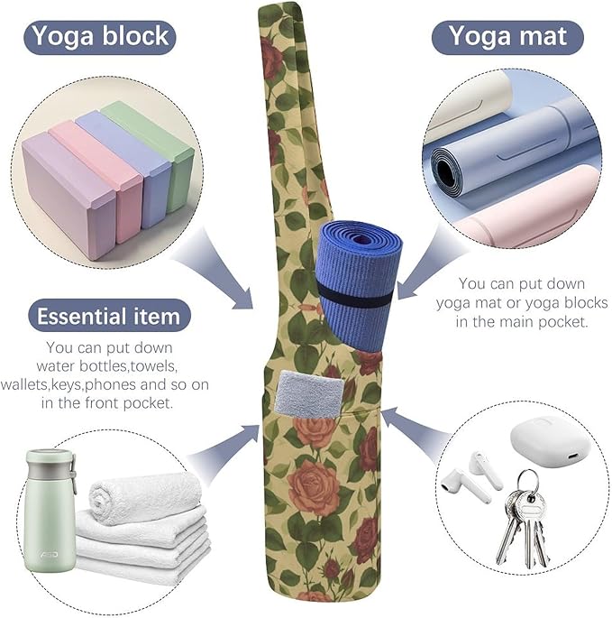KKdskkds Vintage RoseYoga Mat Bag Large Opening Long Tote Yoga Mat with Pocket Fit Most Size Mats
