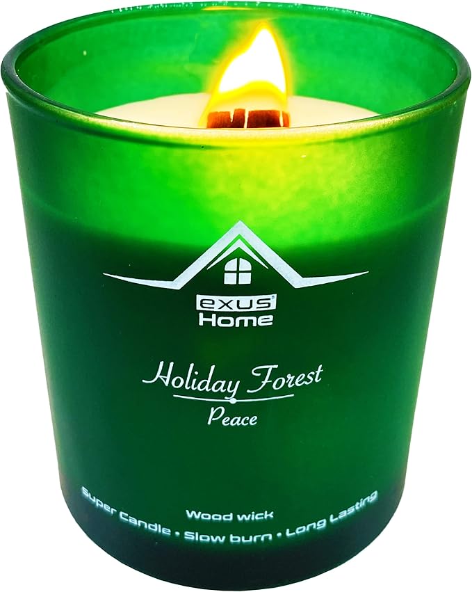 Exus Hand Crafted, Soy Wax, Wood Wick, Aromatic Candle. Non-Toxic (Holiday Forest/Peace)