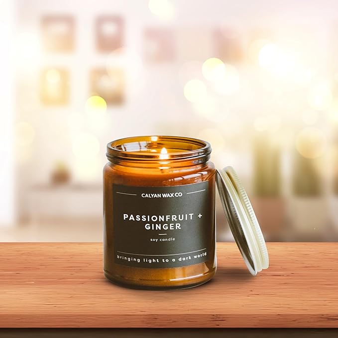 Calyan Wax Co. Passionfruit & Ginger Scented Candle - 57 Hour Burn - Luxury Non Toxic Soy Wax Candles - Long Lasting Amber Glass Jar Candle for Home - 7.2oz