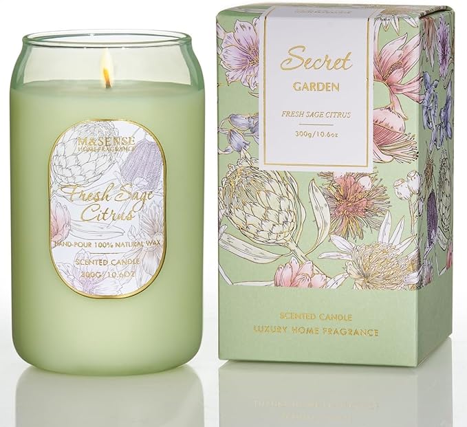 M&SENSE Aromatherapy Green Soy Scented Candle - Fresh Sage Citrus Scent, 10.6 oz, 60-Hour Burn,Clean Stress Relief Candles Gift for Birthday,Valentine's Day,Mother Day