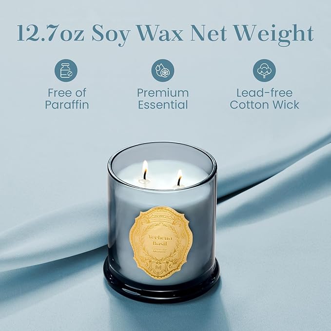 M&SENSE Verbena Basil Candles for Home Scented, 2 Wick 12.7oz Soy Wax Candles Non Toxic,70 Hours Long Burning,Christmas Candles Gift for Stress Relief, Meditation, Yoga