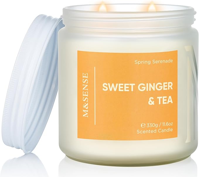 M&SENSE Sweet Ginger Tea Scented Candle - 11.6oz Natural Soy Non Toxic Candle 70-Hour Burn Time, 2 Wick Aromatherapy Housewarming Gifts for Home Decor & Women Men