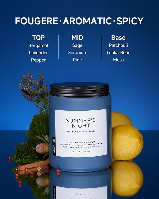 M&SENSE Summer's Night Soy Candle, Large 2 Wick, 19.4oz Up to 110 Hours Burn Time, Natural Scented for Home, Manly Candle in Glass Jar for Bedroom