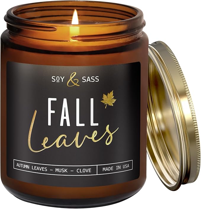 Fall Candles - 'Fall Leaves' Fall Candle w/Autumn Leaves, Clove & Musk I Infused with Essential Oils I Autumn Scented Candles I Cozy Cute Autmn Décor Gifts I 9oz Jar I 50Hr Burn I Made in USA