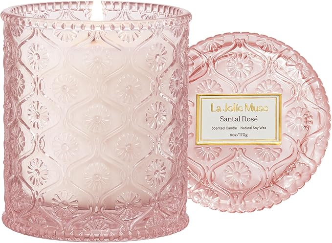 LA JOLIE MUSE Santal Rose Scented Candle – Saffron, Rose & Leather | 6 oz Natural Soy Wax | 40 Hours Clean Burn | Gift-Ready for Hosts & Gatherings | Elegant Home Decor