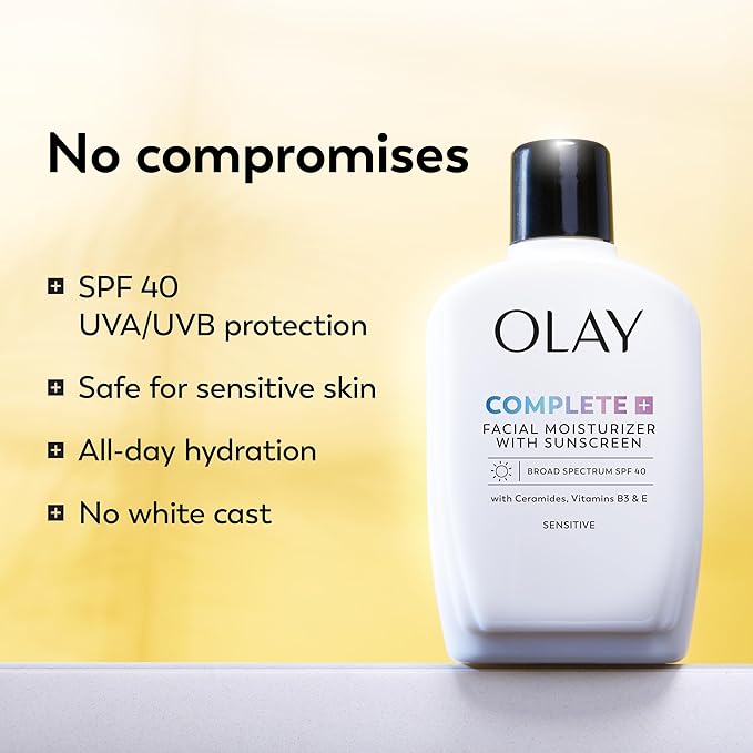 Olay Complete+ Face Moisturizer with Sunscreen SPF 40, For Sensitive Skin,Broad Spectrum Sun Protection,Fragrence-Free-No White Cast on All Tones,Nourishes Moisture Barrier-Ceramides,6 Oz(Pack of 2)