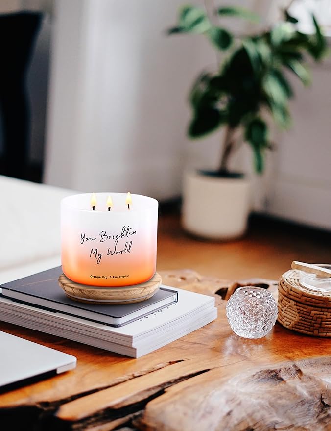 Orange Goji Berry & Eucalyptus 3-Wick Soy Scented Candle, 15.8 oz Large | Scented Candles for Home | Citrus Eucalyptus Aromatherapy Candle | “You Brighten My World” Quote
