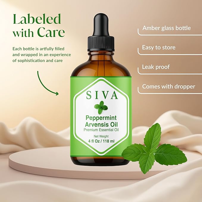 Siva Peppermint Arvensis Essential Oil - 4 Fl Oz – 100% Natural Peppermint Arvensis Oil - for Diffuser, Face, Skin Care, Aromatherapy, Hair Care, Scalp and Body Massage - with Dropper