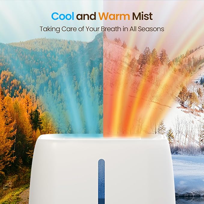 6L Top Fill Ultrasonic Humidifier - Cool and Warm Mist for Bedroom, Baby, Large Rooms & Plants, Smart Humidity Control, Aroma Diffuser, Night Light, 12H Timer, Quiet, White