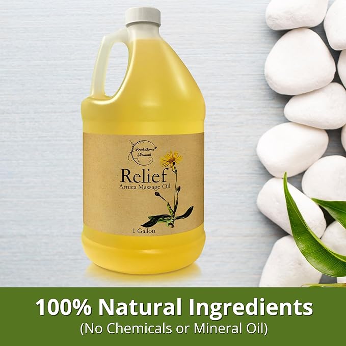 Relief Arnica Massage Oil for Massage Therapy | for Sports & Athletic | All Natural Arnica Montana for Sore Muscle Relief | Sweet Almond, Jojoba, Grapeseed & Essential Oils | 1 Gallon