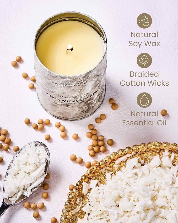 M&SENSE White Musk Scented Candles Natural Non Toxic, Aromatherapy Candle for Stress Relief Meditation Relaxing, Housewarming Gifts for Women Men, 11.3oz 70 Hour Long Burning