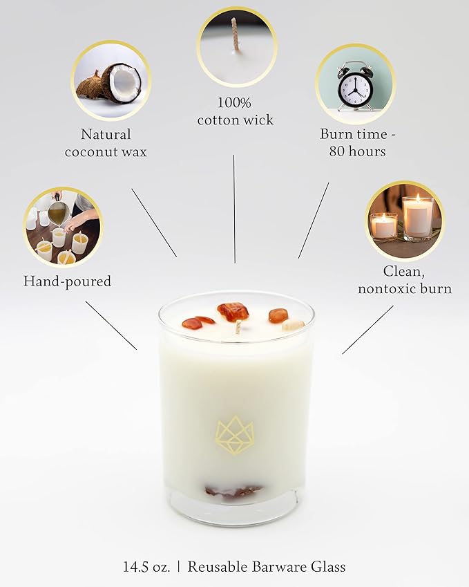 Luxury Glass Jar Candle, 14.5 OZ, Energy - Red Carnelian Healing Crystal Infused - Scents of Lemon, Grapefruit, & Bergamot - Passion, Confidence, & Vitality - Coconut Wax, Essential Oil