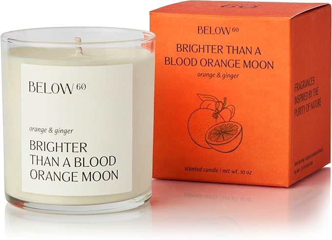 Hilary Duff’s Below 60 Scented Candle | Brighter Than A Blood Orange Moon | Essential Oil-Based | Hand-Made with Paraffin-Free Soy Wax | 100% Cotton Wick | 50 hr Burn Time | Orange & Ginger (10oz)