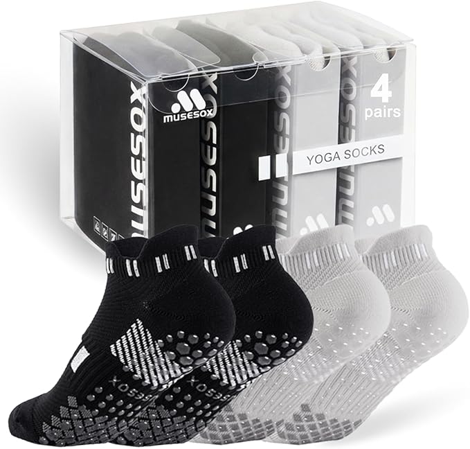 musesox 4 Pairs Non-Slip Pilates Socks for Women with grips,Grippy Ankle Socks for Yoga,Barre,Hospital,Gym,Dance
