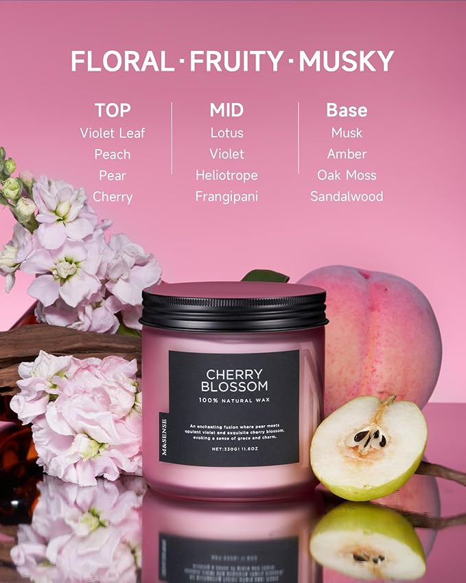 M&SENSE Cherry Blossom Scented Spring Candle, 70 Hours Long Lasting Soy Wax 11.6oz Stress Relief Aromatherapy Candles, Romantic Gifts for Women, Glass Jar for Bedroom Decor