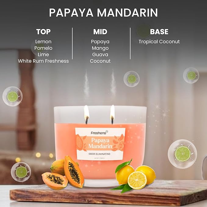 Carolina Freshens Papaya Mandarin Odor Eliminating Highly Fragranced Candle for Home Scented, Eliminates 90% of Pet, Smoke, Food and Other Smells Quickly, 2 Wick, 14 oz - Made in The USA