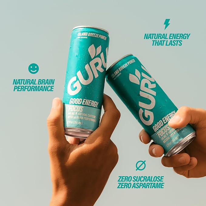 GURU Island Breeze Punch Organic Energy Drinks, Clean Energy Drink with Plant Based Natural Caffeine from Green Tea + Focus with L Theanine, Gluten Free and Vegan, 140MG Caffeine, 12oz (Pack of 24)