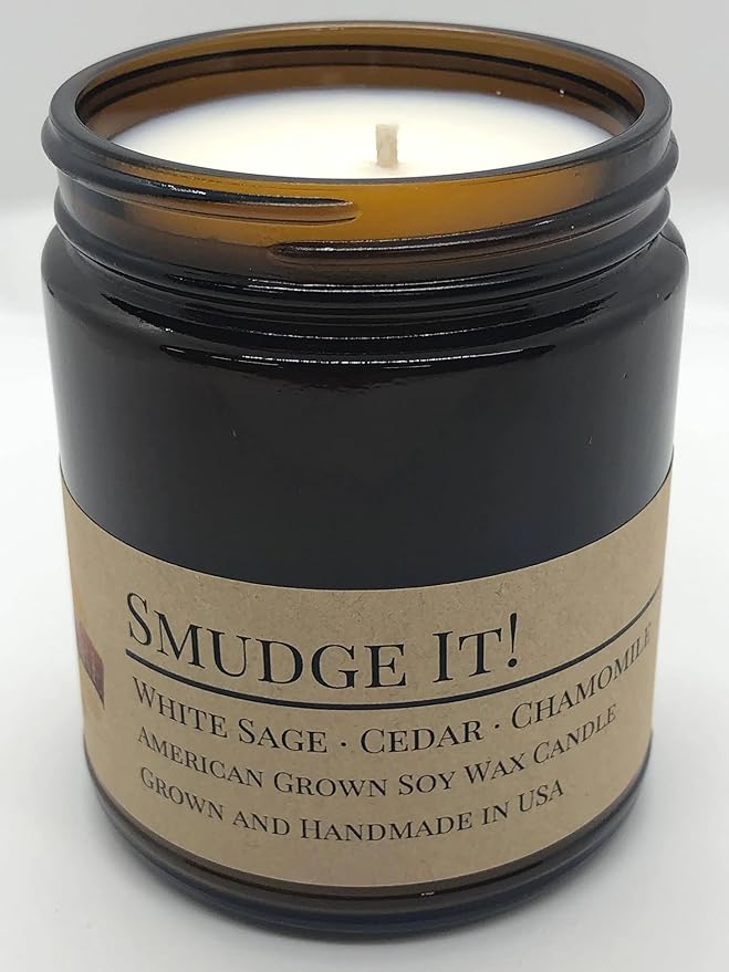 Scented Soy Wax Candle (8.0 oz) 50-60 Hour Burn Time, Cotton Wick, Amber Glass Jar, Grown and Made in USA - Smudge It!